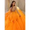 Party Dresses Luxury Shiny Colorful Rhinestone Evening Gowns See Thru Sleeves Orange Tulle A-ling Long Formal Dress Crystal Beaded Robes