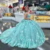 Vert clair brillant chérie robe de bal robes de Quinceanera pour les filles perlées robes de fête d'anniversaire à lacets dos Graduation 3D fleurs bal