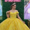 Glittering Yellow Quinceanera Dress Off-Shoulder Party Prom Dress Lace Applique Beads Tull Sweet 16 Princess Vestidos De 15 Anos