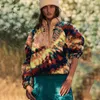 Damen Hoodies Tie Dye Kunstpelz Winter Sweatshirt Frauen Rollkragen Patchwork Knopf Teddy Streetwear Langarm Dirty Fit Outfit 2023