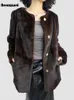 Women's Fur Faux Nerazzurri Winter Brown Thick Warm Mink Coat Women Long Sleeve Single Breasted Elegant Luxury Chic Fluffy Jacket 2023 231202