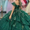 Изумрудно-зеленое блестящее бальное платье Quinceanera, корсет, кружевные аппликации, расшитое бисером и пайетками, милое платье 16, Vestidos De XV 15 Anos