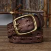 Belts Pure Cowhide 3.8cm Wide Genuine Leather Belt For Men Brass Copper Double Needle Pin Buckle Luxury Thick Male Waistband