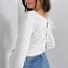 Mulheres Camisetas Xingqing Branco Crop Tops para Mulheres Roupas Estéticas Redondo Pescoço Manga Longa De Malha Cardigan Lace Camiseta Y2K Roupas