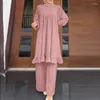 Vêtements ethniques Musulman Abaya Pantalon Costumes 2 Pièce Causal Arabe Solide Manches Longues Hauts Pantalons Tenues Islamiques Mode Turquie Kaftan