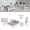 Doll House Accessories 1 12 Dollhouse Bedroom Kit Double Bed Bedside Cabinet Mirror Rocking Horse Model Milk White Doll House Furniture Set 231202