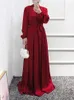 Roupas étnicas Dubai Moda Cetim Sólido Vestido de Festa de Noite com Faixas Caftan Marocain Roupas Islâmicas Manga Longa Robe Femme Musulmane