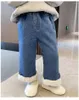 Trousers Thick Velvet Lined Girls Jeans Wide Leg Pants Winter Warm Elastic High Waist Kids Vaqueros Pantalones Plush Children Jeansy