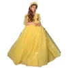 Robes de fille robe de fleur jaune moelleux tulle col rond sans manches noeud sangle mariage mignon petits enfants fête de sainte communion