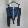 نساء S'tuits Rompers Fashion Women Zipper Denim Bodysuits Hollow Out Out Long Skinny Bodysuit Blue Short Shorts Sompits 231202