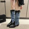 Boots Western Cowboy Boots Ladies Cowgirl Pointed Toe Denim Winter Women Knee High Boots Long Slip On Pleated Shoes Female 231202