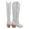 Stövlar enda tillverkare kvinnor strass stövlar silver knä hög västra cowgirl stövlar glitter bling glänsande tå block heel lady booties 231202