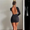 Casual Jurken Vrouwen Sexy Backless Lente Jurk Voor Meisjes Lange Mouw Vierkante Hals Strakke Bodycon Zwart Mini Party Club Wear Y2K streetwear