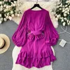 Casual Dresses Party Woman Long Voluminous Sleeve Vintage Elegant Dress with Belt Women Round Neck Ruffle Hem Short