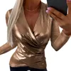 Kvinnors blusar Kvinnor Blus Stylish Faux Leather Shirt med Deep V Neck Baggy Cross Design Tight midje lång ärm Solid Color for Lady