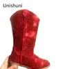 Botas Unishuni Cowboy para crianças meninas moda sapatos de salto crianças glitter ocidental com zip primavera outono joelho bota 231204