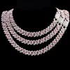 Chains HipHop Pink Crystal 14MM Rhombus Prong Cuban Link Chain Necklace For Women Full Rhinestones Pave Iced Out JewelryChains273l
