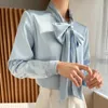 Damesblouses 2023 Dames Mode Lange Mouwen Vlinder Strikje Blouse Effen Kleur Zijde Satijn Shirt Dunne Casual Tops Dames