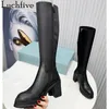 Boots Round toe Chunky Heel Knee High Boots Women Luxury Fashion Chelsea Long Boots Black Lace up Brand Ankle Boots Feminine 231204