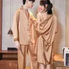 Men's Sleepwear Summer Ice Silk Men Pajamas Women Lace Trim Robe Sets Home Service Suit Casual Couples Nightwear