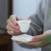 Xícaras Pires Gordura de Carneiro Jade Branco Porcelana Xícara de Chá Conjunto Chinês Cerâmica Master Outline em Ouro Casa Teacup Água