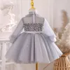 Robes de fille douce solide col rond manches longues fleur filles maille épissé arc conception paillettes princesse robe de bal fermeture éclair robe de fête d'anniversaire