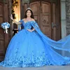 Hemelsblauw Glanzende Quinceanera Jurken Prinses Zoete 16 Jaar Meisje Verjaardagsfeestje Jurken Applicaties Kant Kralen Met Cape Vestidos 15 De Quinceanera