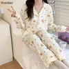 Pyjama imprimé ours de dessin animé pour femmes, vêtements de nuit, coréen, Kawaii, manches longues, ensemble 2 pièces, goutte