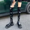 Stövlar punk svart länge för kvinnor 2023 Autumn Square Toe Y Platform Knee High Woman Pu Leather Heels Motorcykel Botas 231215