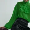 Bluzki damskie Ruffles Zielona szyfonowa koszula Kobiety Eleganckie wiosenne jesienne Topy Koszule długiego rękawu Bluzka Lose Modne Ubranie Blusas 28669