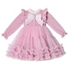 Flickans klänningar Barnprinsessklänning Pompadour Mesh 3-12 år gamla barn Autumn Winter Long Sleeve Bow Solid Color Dress 231204