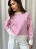 Damestruien Herfst Winter Geruite trui Damesmode Gebreide tops met lange mouwen Roze O-hals truien Casual los in gebreide kleding 2023