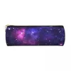 Cosmetic Bags Colorful Purple Galaxy Round Pencil Case Watercolor Stars Print For Child Kawaii Leather Box Stationery Zipper Pen