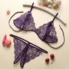 Reggiseni Set Lingerie sexy aperta Reggiseno di pizzo trasparente Crotchless Panty porno Perizoma di perle Biancheria intima impertinente Costume erotico in due pezzi ZRVQ