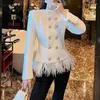 Kvinnorjackor Vit Tassel Feather Woolen Coat Women Autumn Winter Elegant Socialite Double-Breasted High-klass Mångsidig kashmirjacka