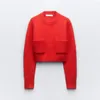 Women's Sweaters Red Slim Knittng Pullover Sweater For Women Chic Cropped Pocket Long Sleeve Short Knitwear 2023 Autumn Winter Streetwear