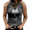 Kvinnors tankar Camis 2022 Kvinnor Fashion Summer Turtle Neck Skull and Floral Print T Shirt Gothic Cutout Sleeveless Top Boho Black The New Top T231204