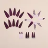 False Nails 24pcs Long Stiletto French Fake Purple Tiger Stripes Full Cover Press On DIY Detachable