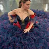 Granatowe kobiety z ramion quinceanera sukienka aplikacja kwiat kwiat TULL SZUNCJE BATK SZUKACH SIĘ STIRE