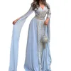 Long Sleeves Arabic Kaftan Formal Evening Dresses Light Sky Blue V-Neck A Line Chiffon Prom Dress Silver Lace Appliques Elegant Floor Length Formal Occasion Gown 2024