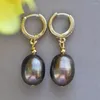 Dangle Earrings Z10653 16mm Brown-Black Rice Freshwater Pearl Gold-plating Earring CZ