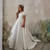 Kız Elbiseler Saten Çiçek Elbisesi Aplike İnci Yay Kısa Kol Prenses Çocuklar Sacrament Party Kutlama Akşam Yemeği İlk Cemaat Gowns