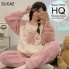 Vêtements de nuit pour femmes Sukae HQ Chinois Épais Velours Hiver Femmes Pyjamas Thermiques Ensemble Manches Longues Pijamas Rose Ours Preppy Pyjama Coréen