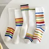 Women Socks Rainbow Striped Cotton Autumn Winter Warm Medium Tube Sock Men Fashion Sport Sox Sweat Absorbing Breathable Stocking