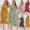 Vêtements pour femmes Designer Robes décontractées Femme Solide Floral Jardin Style Manches longues Femme À lacets Taille haute Robe