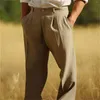 Men's Pants Linen Double Pleated Front Pocket Straight Tube Plain M Apparel Band 1 Men Casual Slim Fit Mens