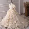 Robes de fille Champagne 3D Applique Luxe Tulle Robe De Fleur Pour Mariage Perles Paillettes Enfants Anniversaire Pageant Première Communion Robe De Bal