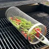 Outils de barbecue Accessoires Panier à griller roulant en acier inoxydable maille étanche support de barbecue pique-nique en plein air Camping gril cylindrique simple 231204