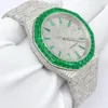 Iced Out Watch Montre en acier inoxydable avec diamants et baguette verte en moissanite