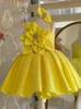 Robes de soirée en Satin jaune pour filles, tenue de soirée élégante, à fleurs, longueur aux genoux, épaules inclinées, pour enfants de 1 à 14 ans, concours d'anniversaire